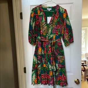 Gibson Latimer Green and Pink Midi Sundress with V-neck and 3/4 Bishop Sleeves